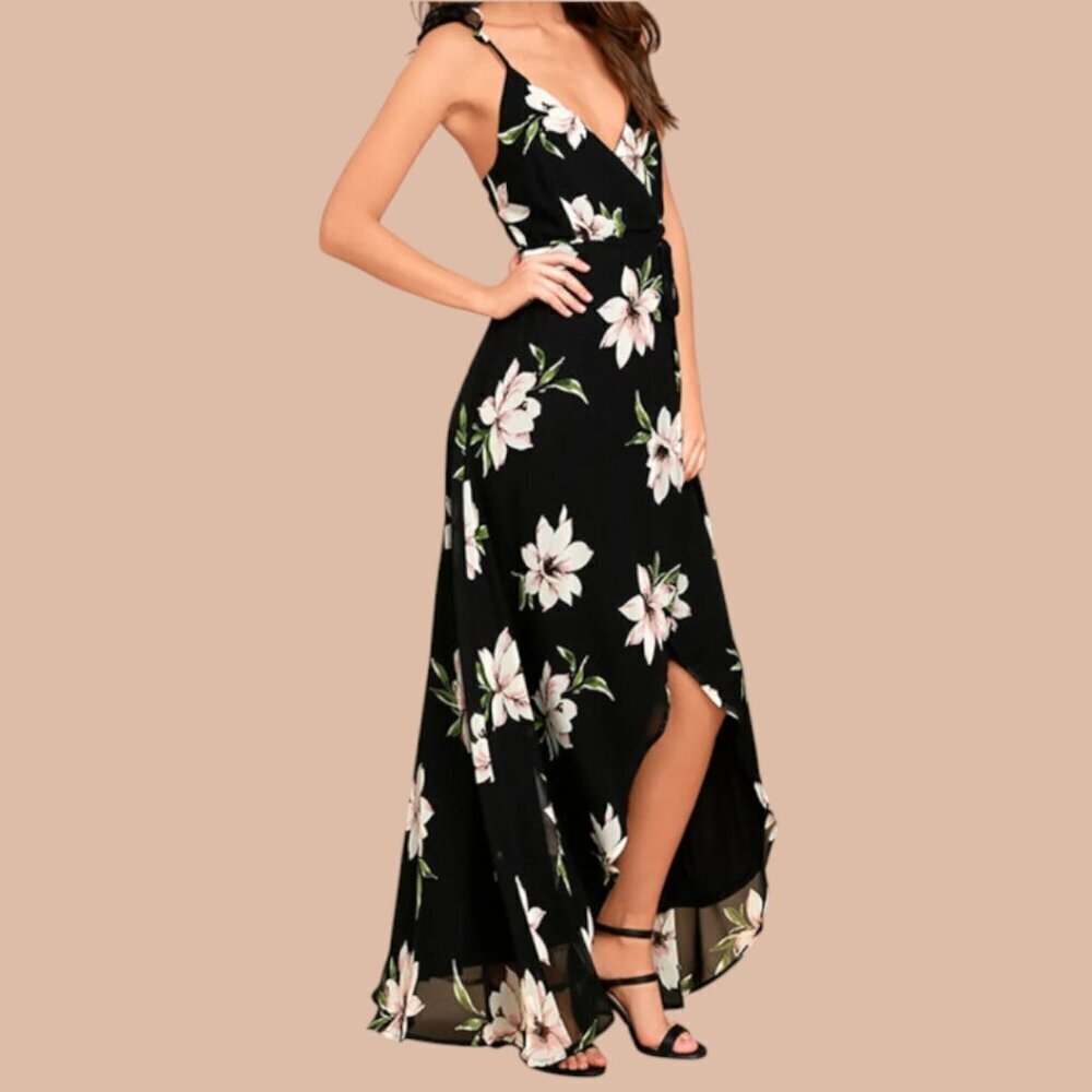 Lulus All Mine Black Floral Print High-Low Lined Maxi Wrap Dress Size XS NWT